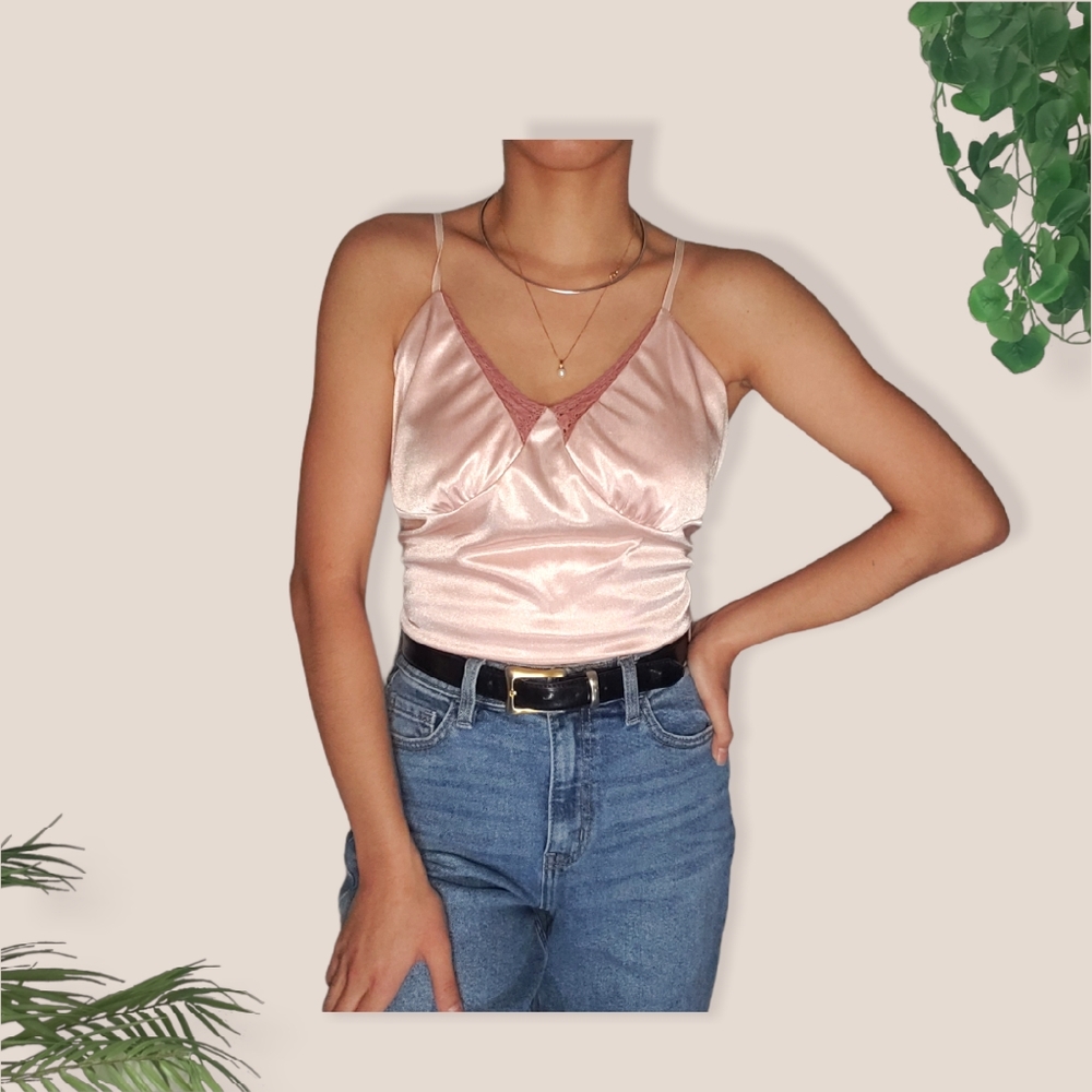 Blush Satin 90's Cami Top Crocheted Neck & Hemline
